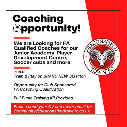 🚨JOB OPENING🚨

If this sounds of interest to you, then please send us an email at community@beaconsfieldtownfc.co.uk to find out more!
 
#BTFC #UpTheRams 🐏