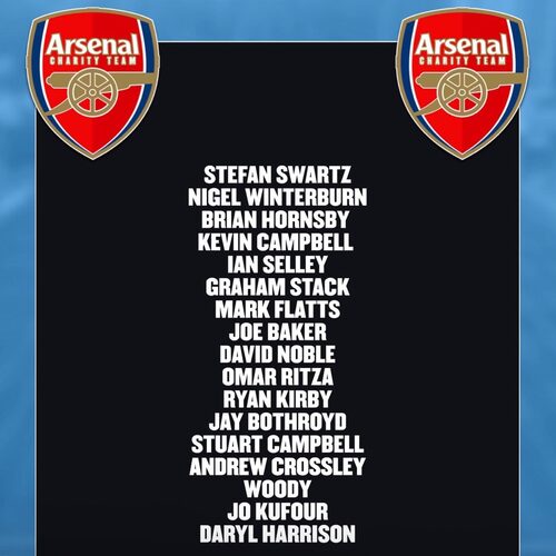 🚨YOUR ARSENAL LEGENDS SQUAD!🚨

Tickets👇
http://ow.ly/jlmE50J8VIe

Donations👇
http://ow.ly/kZC650J8VI9

#afc | #Arsenal | #Teamharvey | #Charityfootball | #Legends
